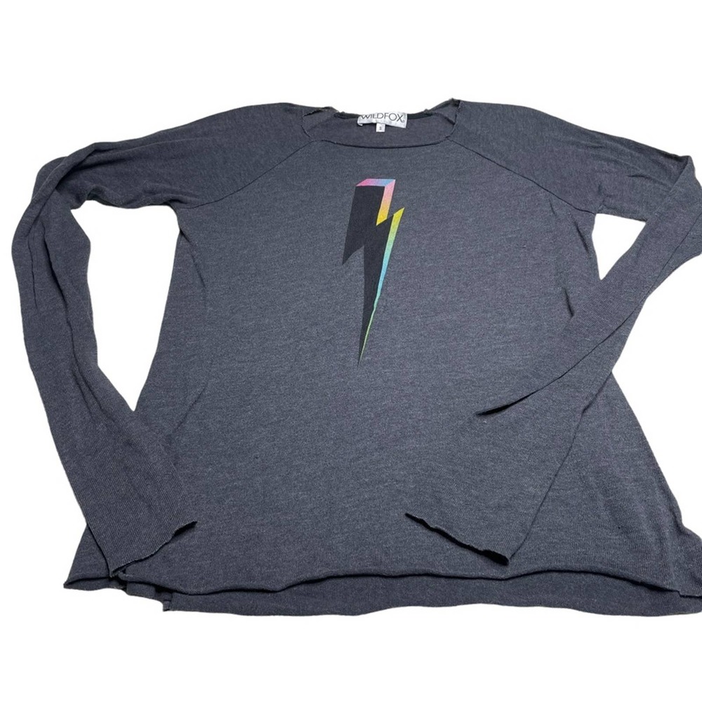 WILDFOX Lightning Graphic Raw Hem Grey Rainbow Pastel Long Sleeve Small